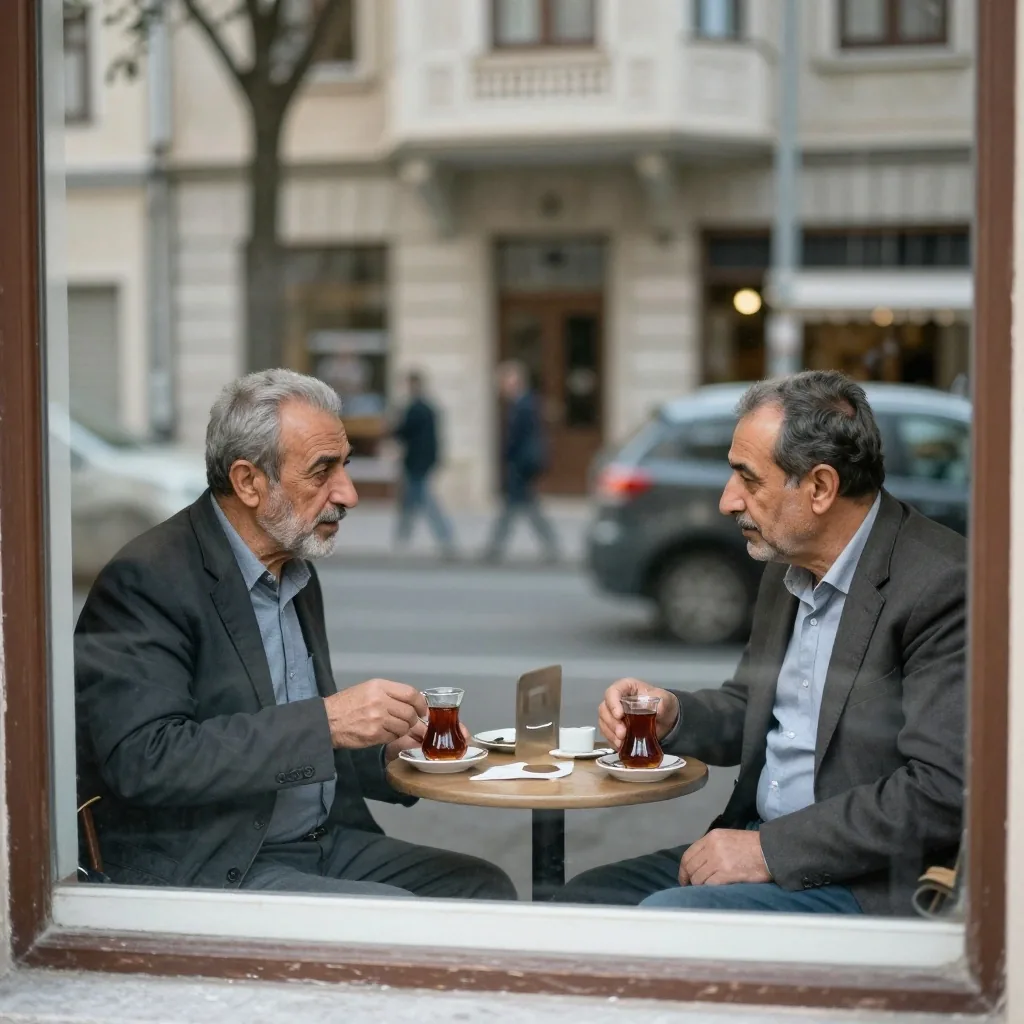 Döviz bürosu önünde sohbet eden iki kişi