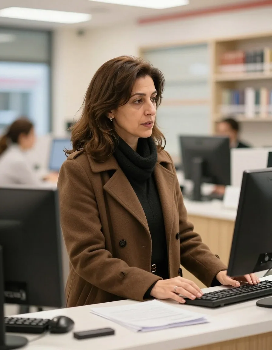 Banka şubesinde görevliyle konuşan orta yaşlı kadın