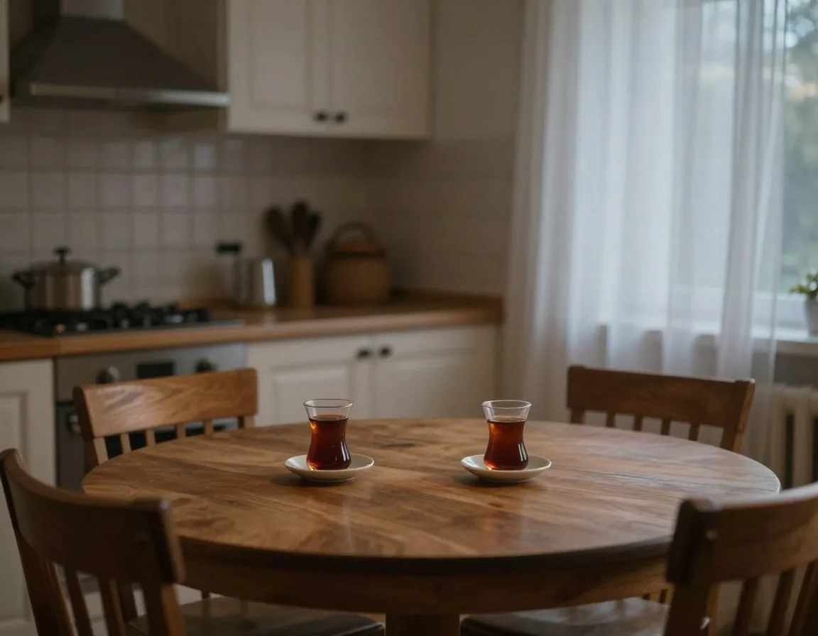 Akşam ışığında mutfak masasında defter ve hesap makinesi